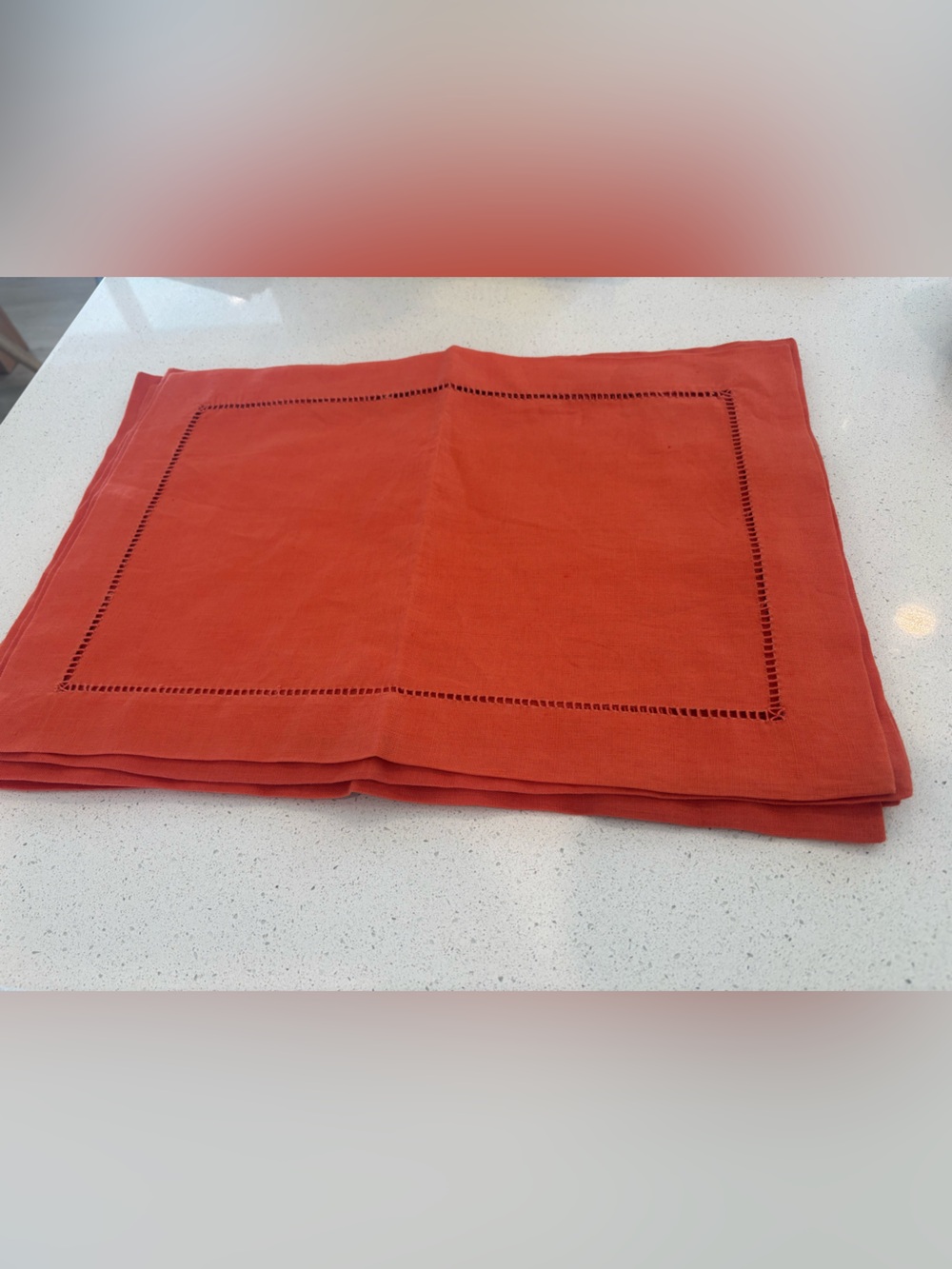 New Pottery Barn Orange 100% Linen Hemstitch Placemats Set of 6 20” X 14”